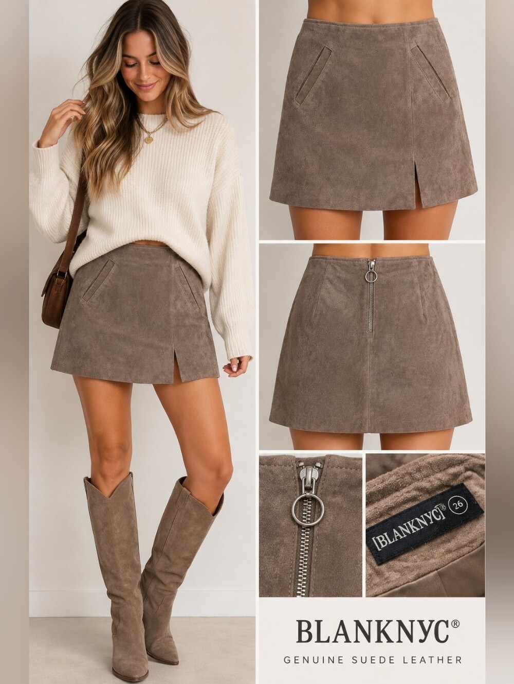 BLANKNYC Venice Beach Genuine Suede Leather Mini Skirt Taupe Size 26